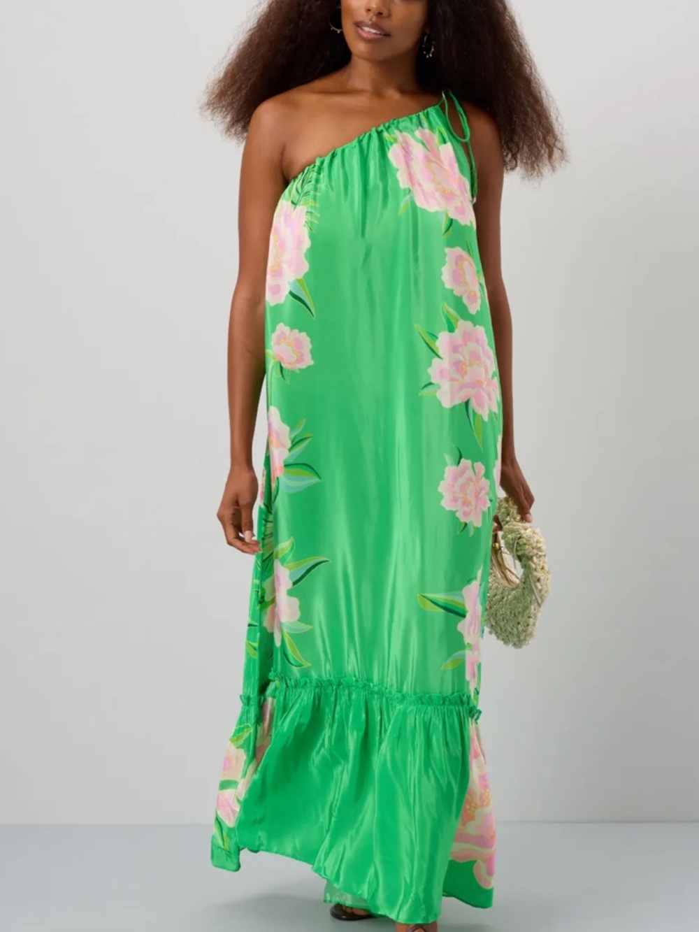 Farm Rio Floral Vibing Maxi Dress Size L Green One Shoulder Tropical